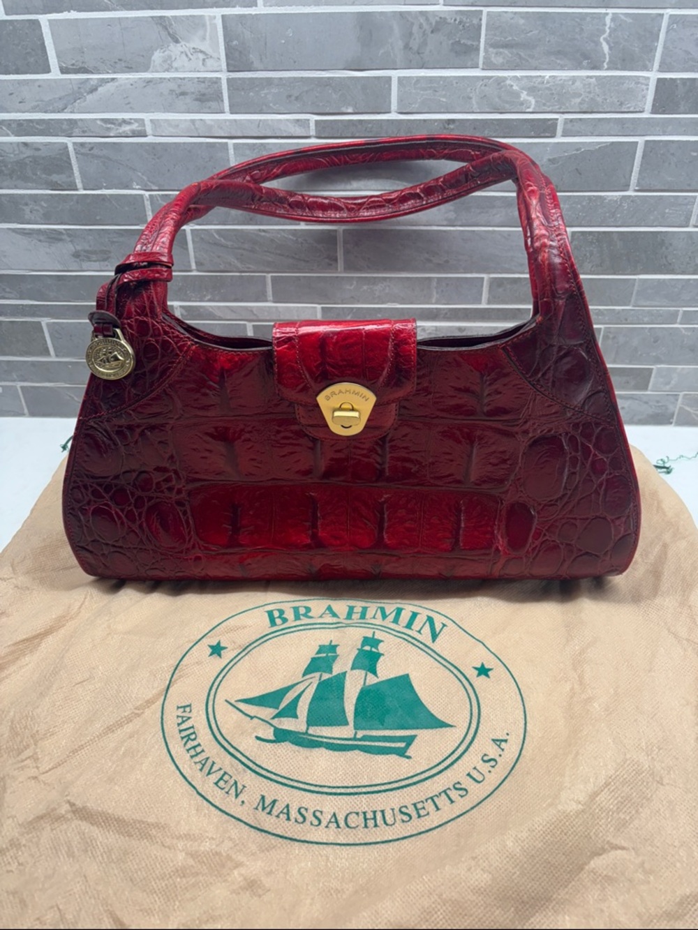 Brahmin Julian red leather croc purse